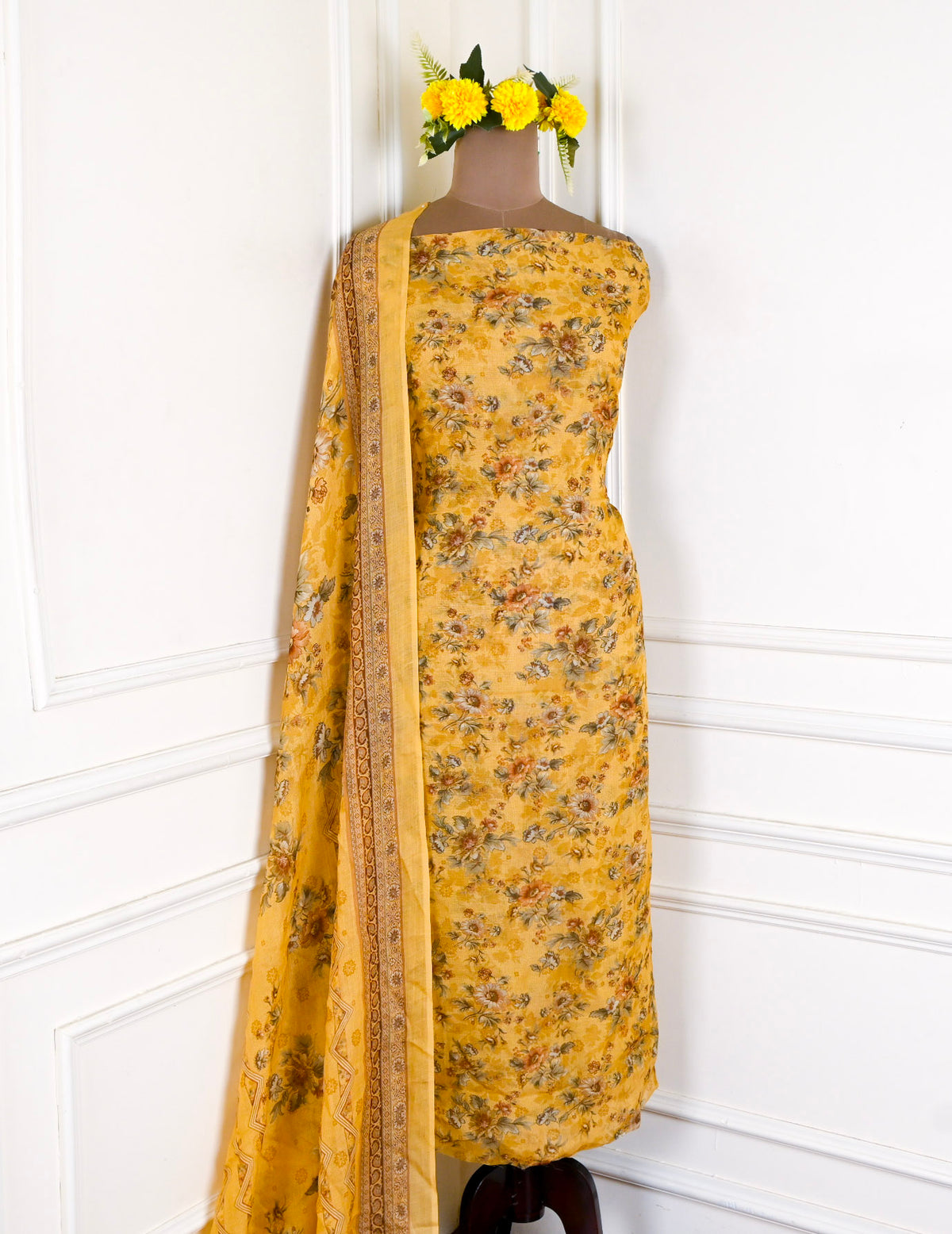 Kashmiri Cotton Check Yellow Unstitched Suit