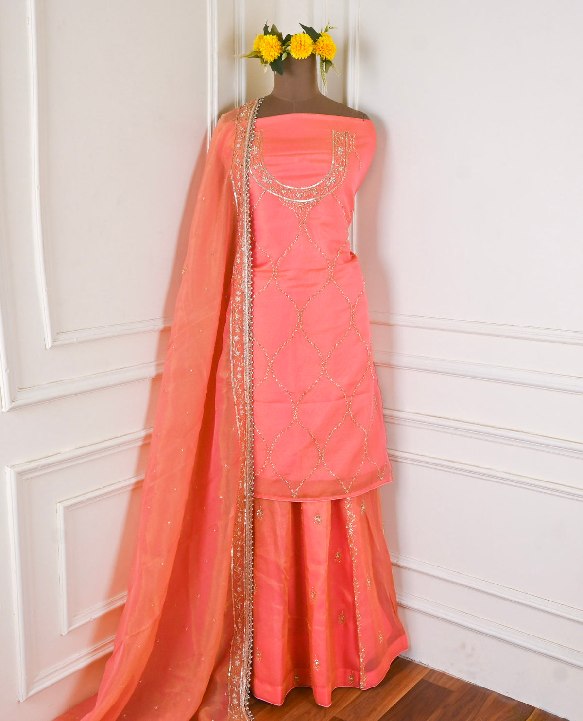 Shimmer Peach Unstitched Lehenga Suit