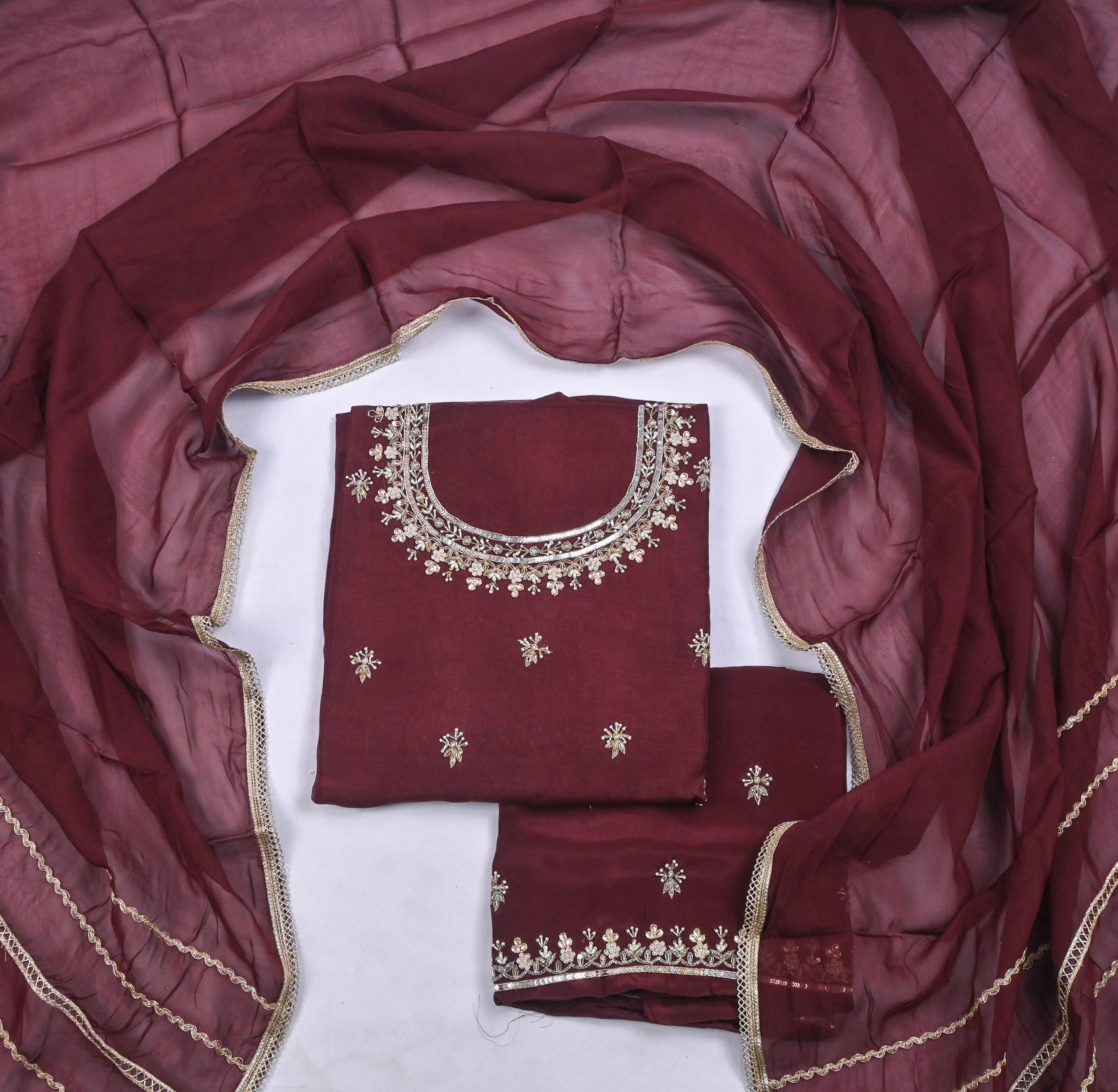 Organza Wine Unstitched Suit