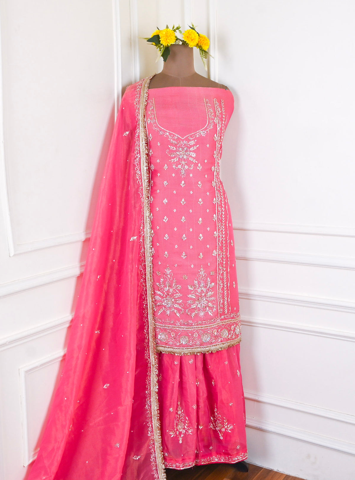 Shimmer Pink Unstitched Lehenga Suit