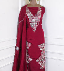 Organza Maroon Unstitched Suit