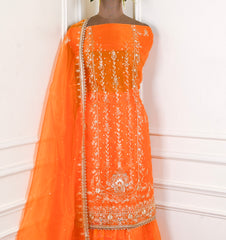 Glass Shimmer Orange Unstitched Lehenga Suit