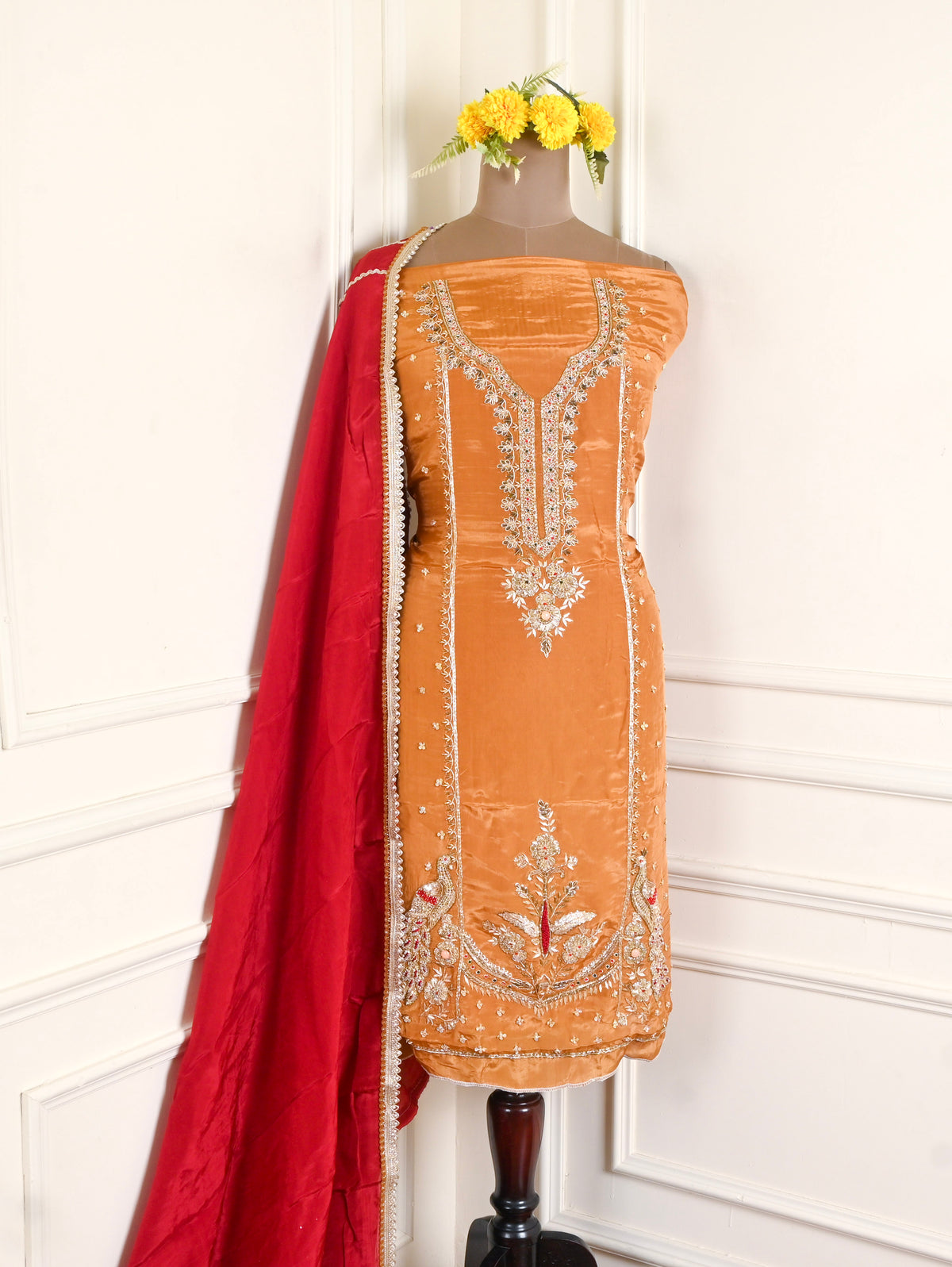 Silk Organza Orange Unstitched Suit