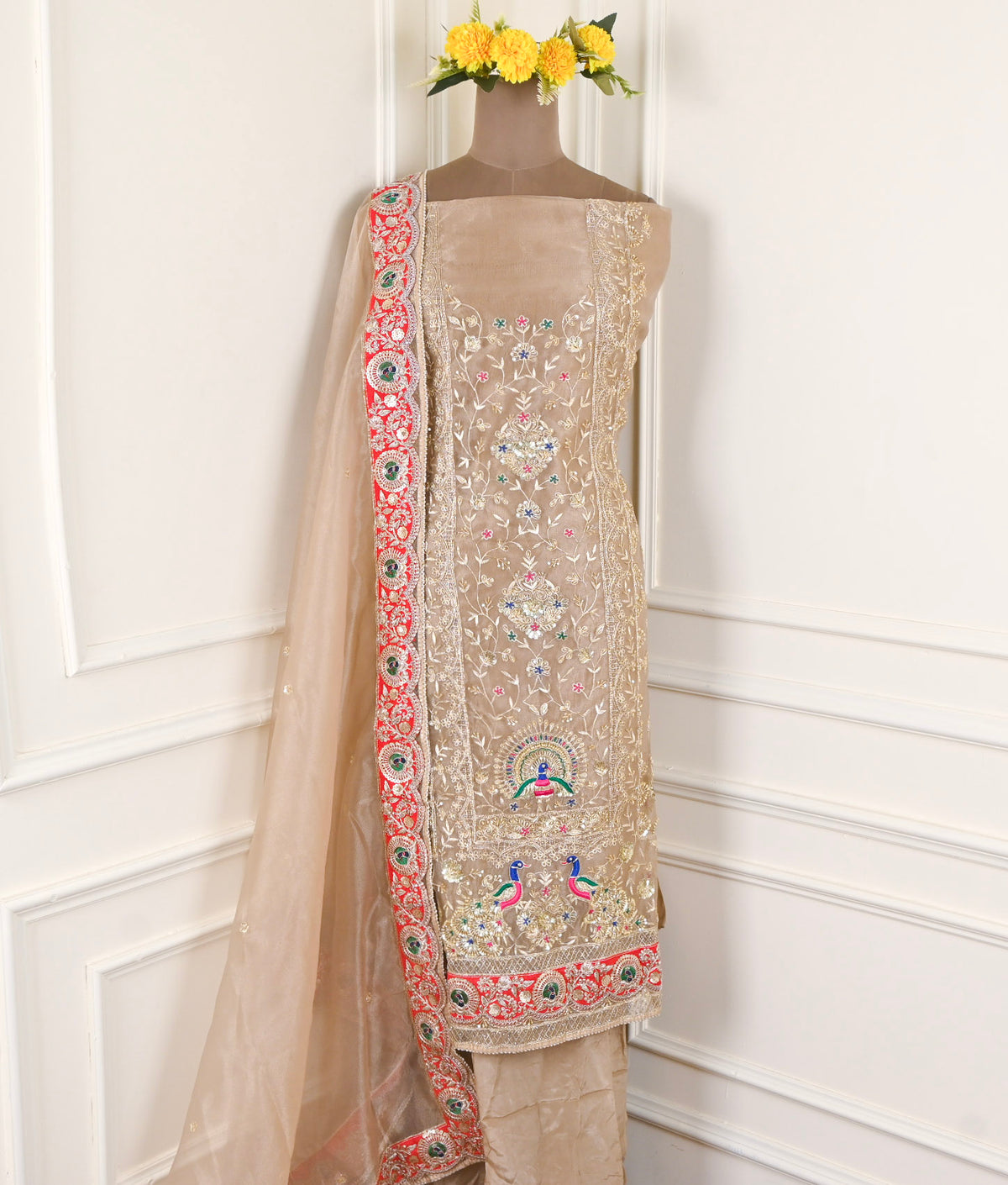 Glass Shimmer Beige Unstitched Suit