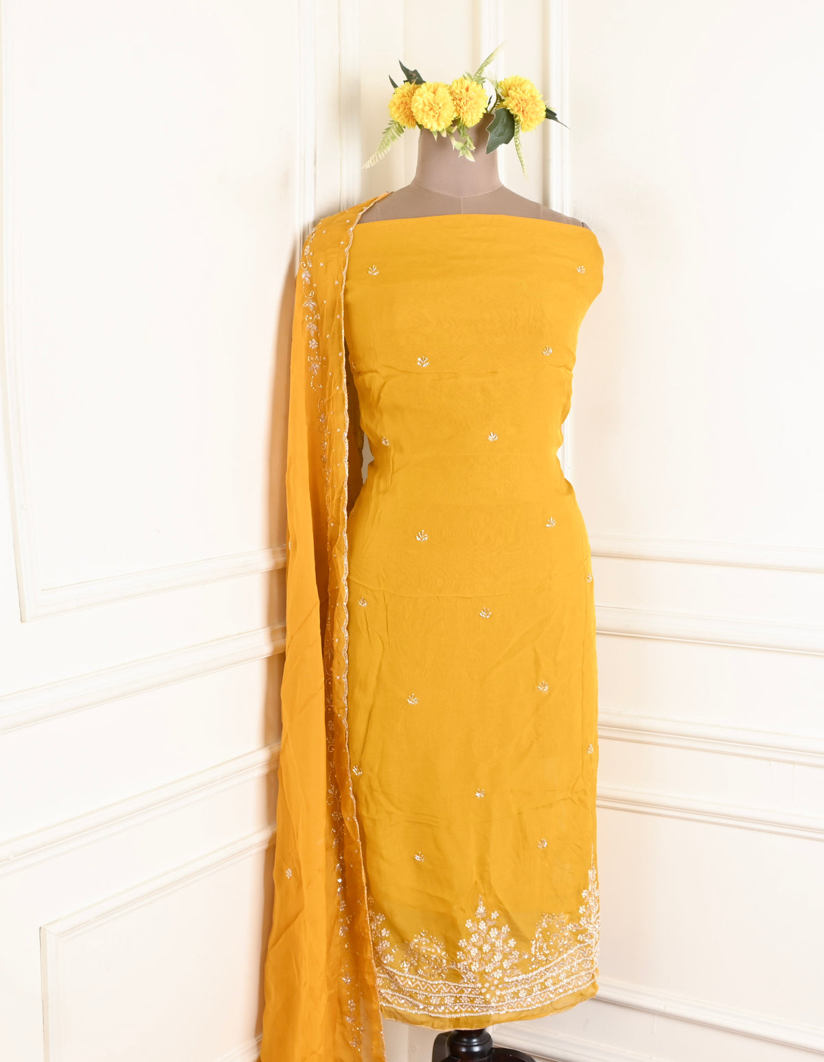 Organza Yellow Unstitched Suit