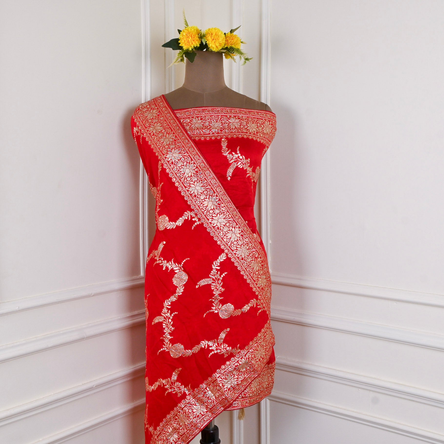 Banarasi Silk Red Unstitched Suit