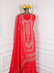 Organza Red Unstitched Suit