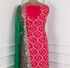 Glass Organza Red Unstitched Suit