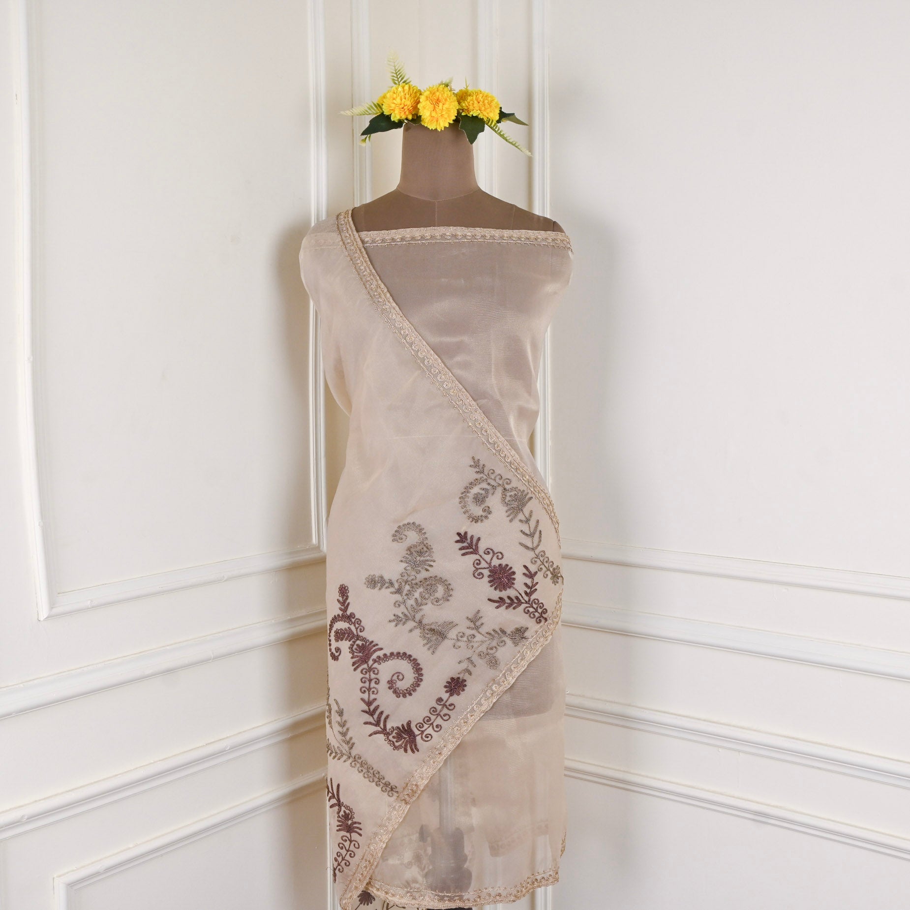 Crush Shimmer Beige Unstitched Suit