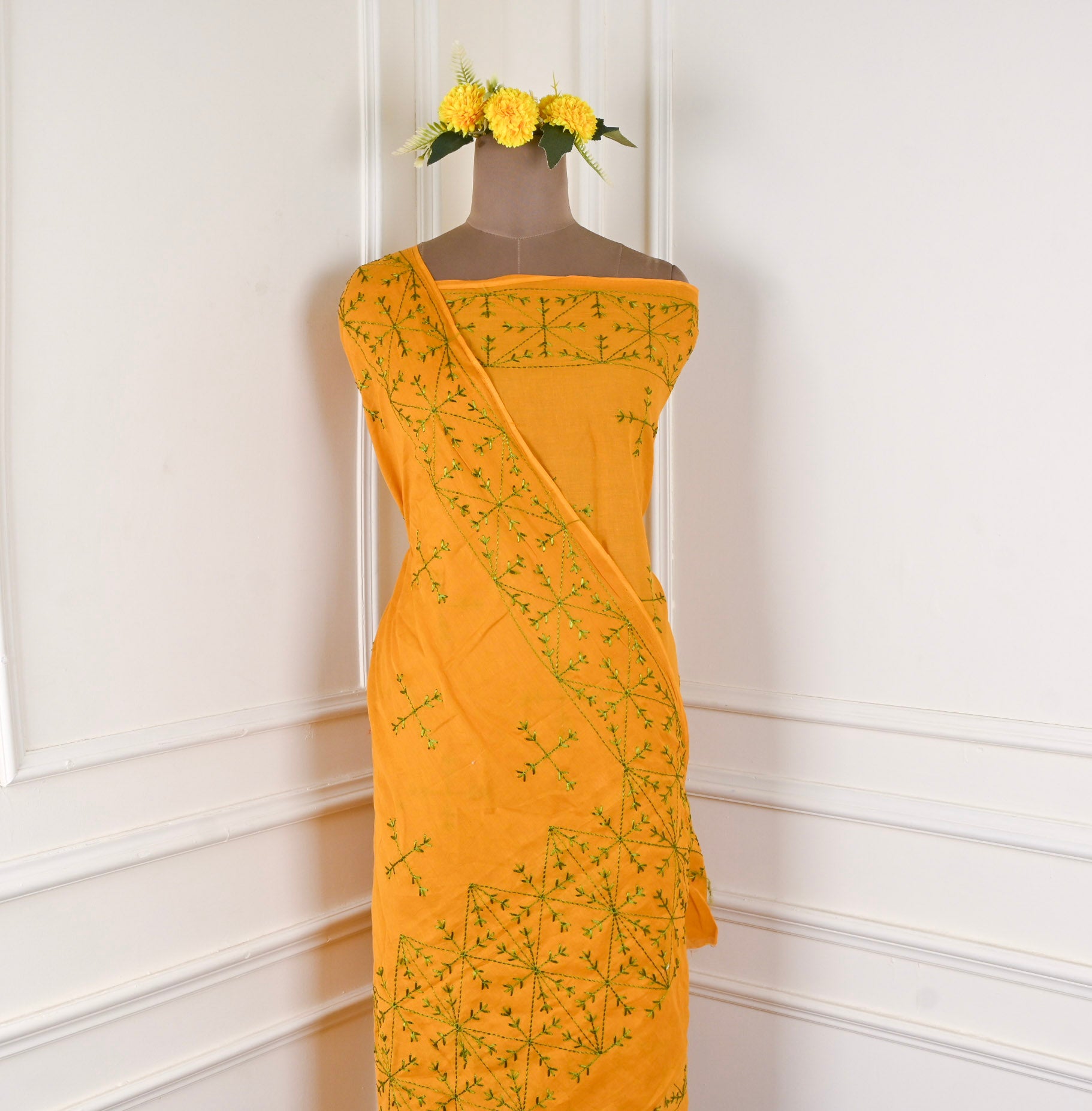 Mul Mul Yellow Phulkari Suit