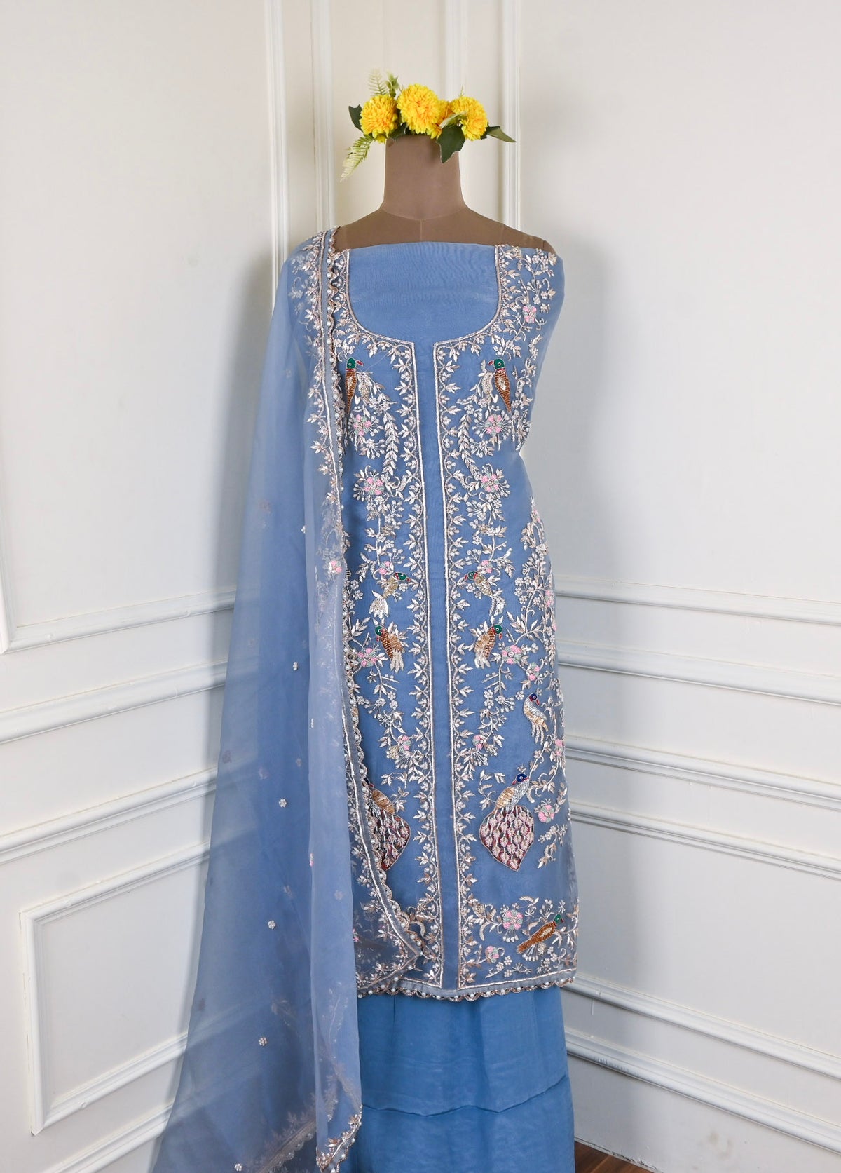 Glass Organza Blue Unstitched Suit