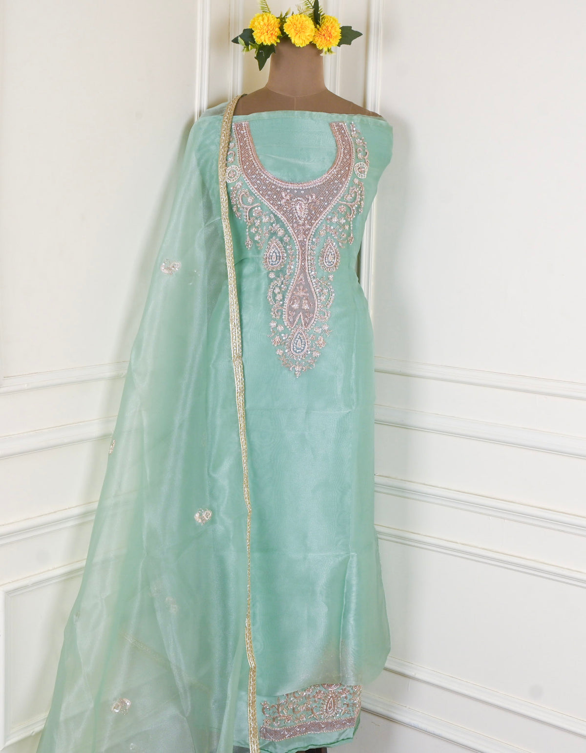 Glass Shimmer Pista Green Unstitched Suit