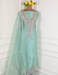 Glass Shimmer Pista Green Unstitched Suit