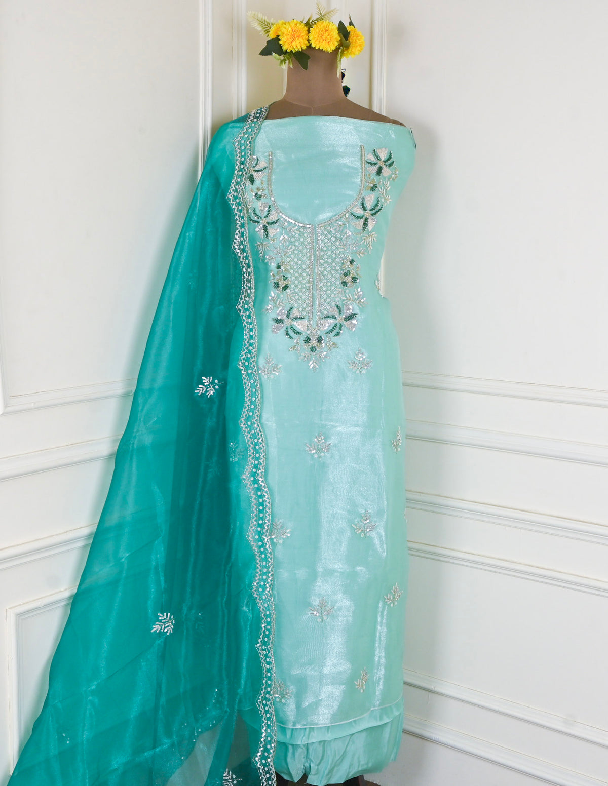 Glass Shimmer Pista Green Unstitched Suit