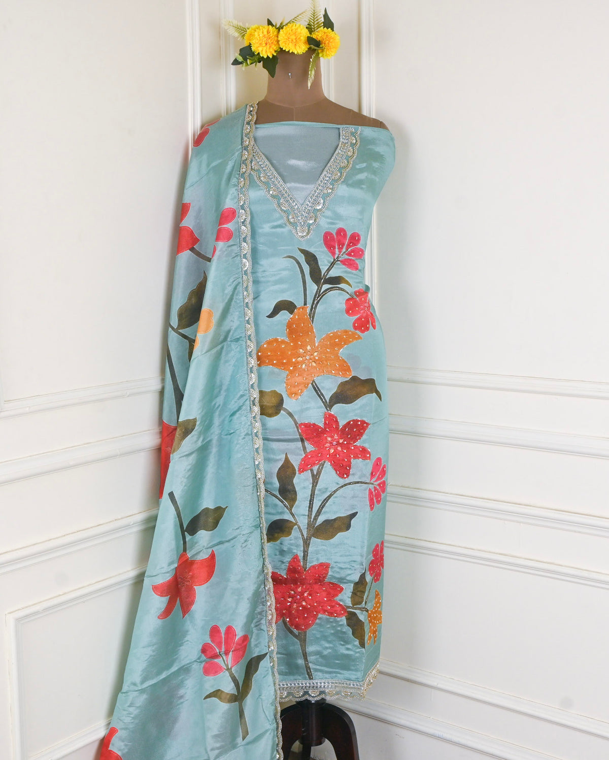 Shimmer Pale Aqua Blue Unstitched Suit
