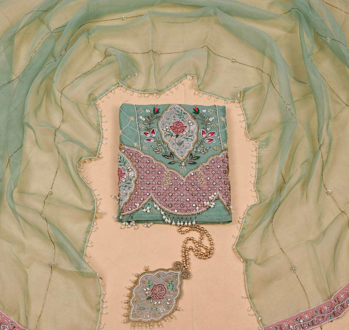 Organza Sea Green Unstitched Suit