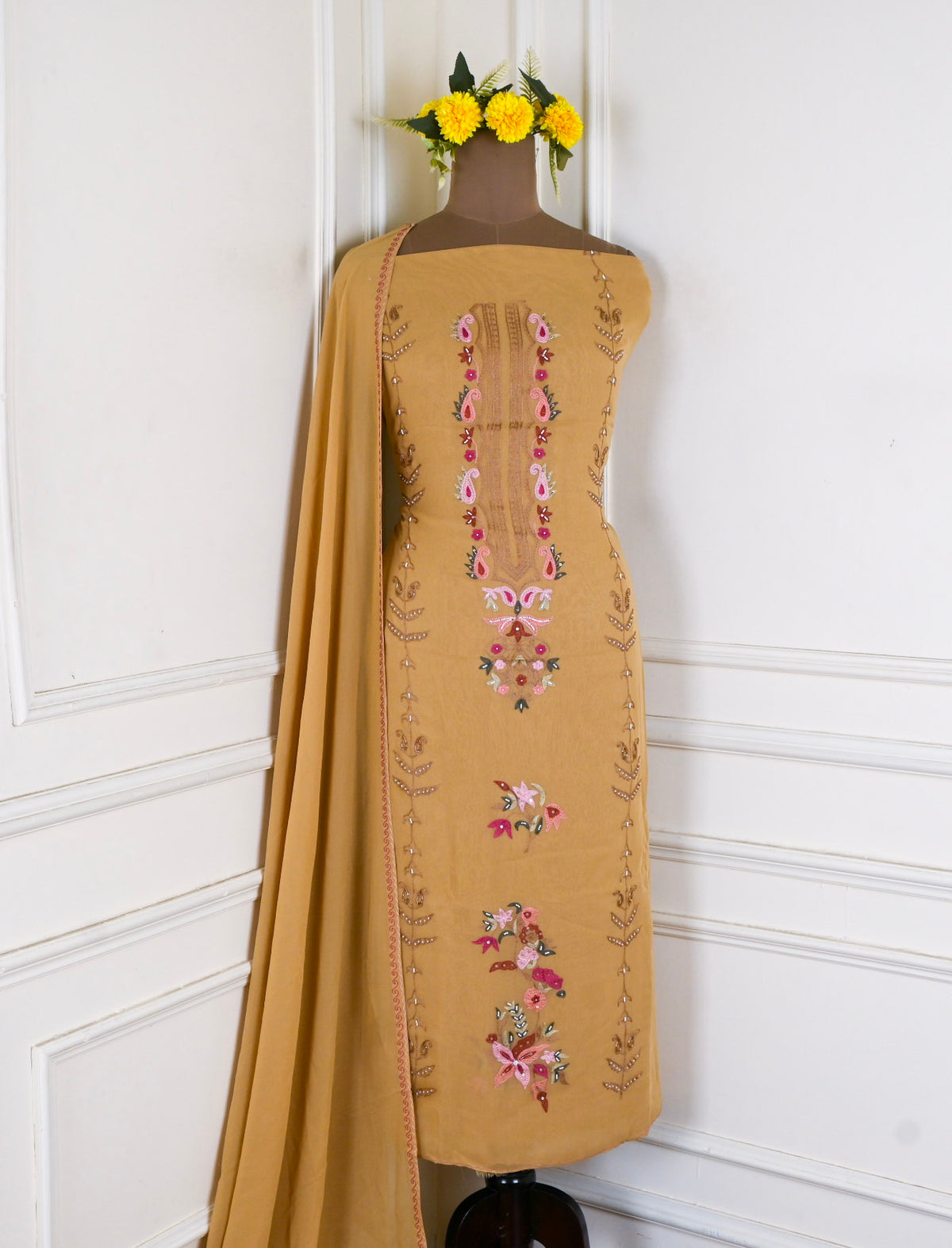 Georgette Mustard Yellow Unstitched Suit