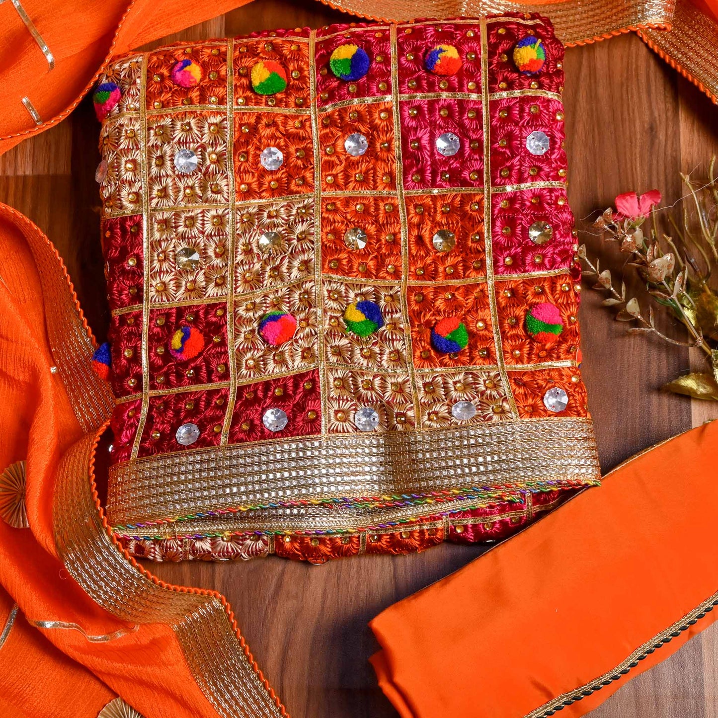 Orenge Phulkari Unstitched suit