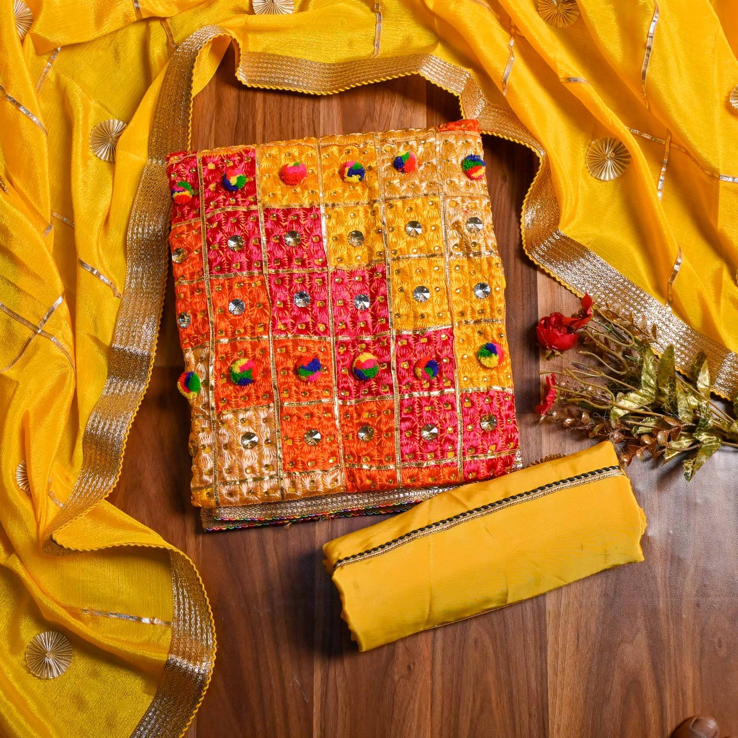 Yellow Phulkari Unstitched suit