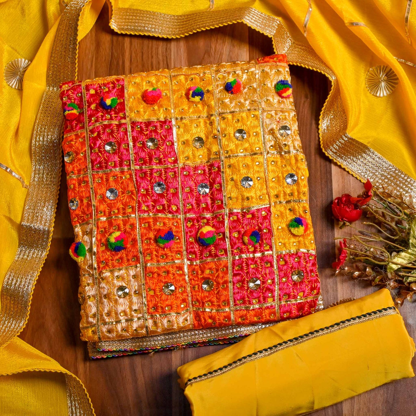 Yellow Phulkari Unstitched suit