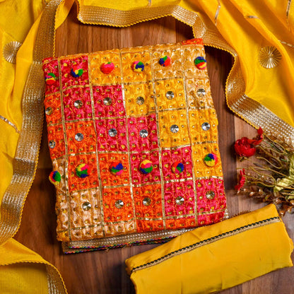 Yellow Phulkari Unstitched suit