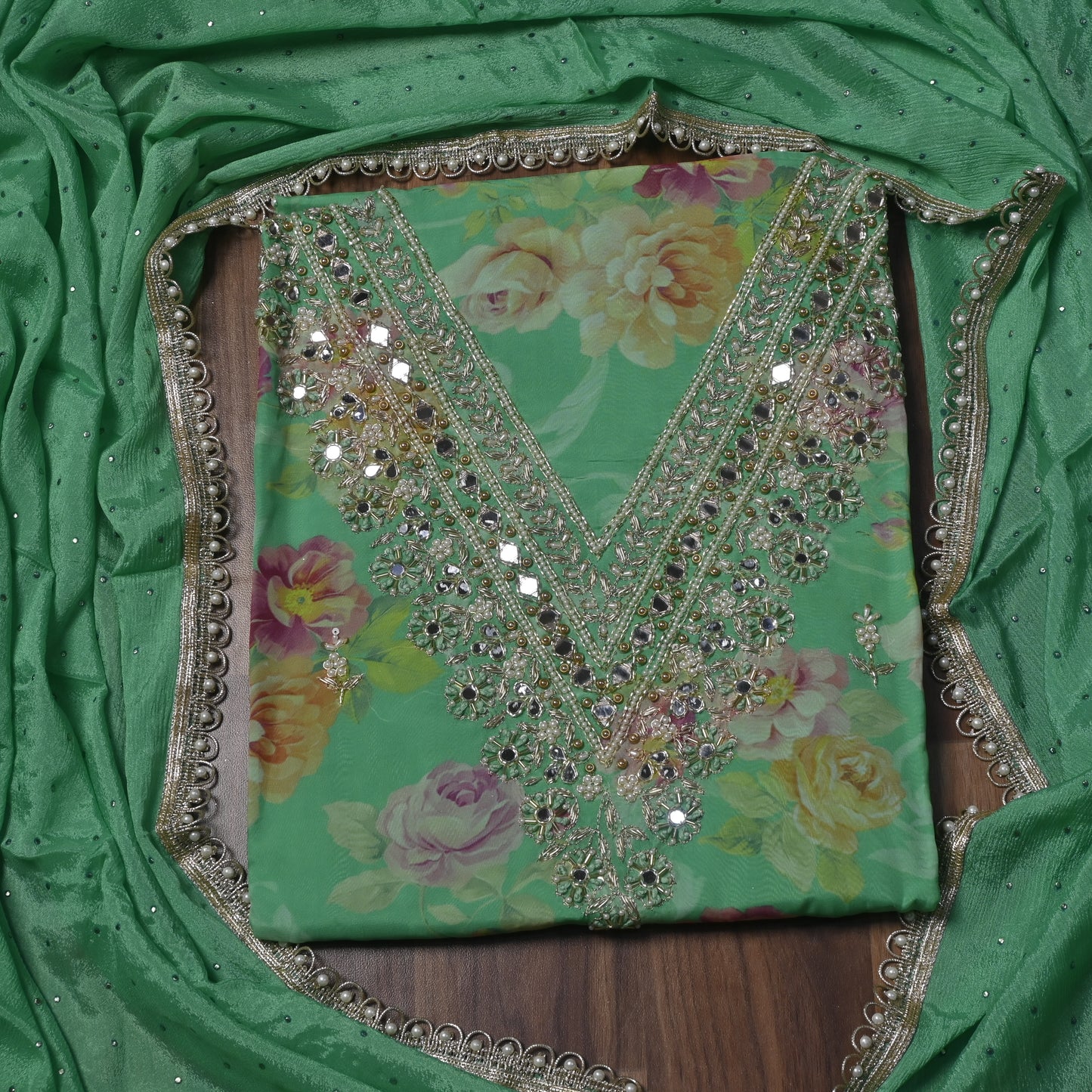 Organza Green Unstitched suit