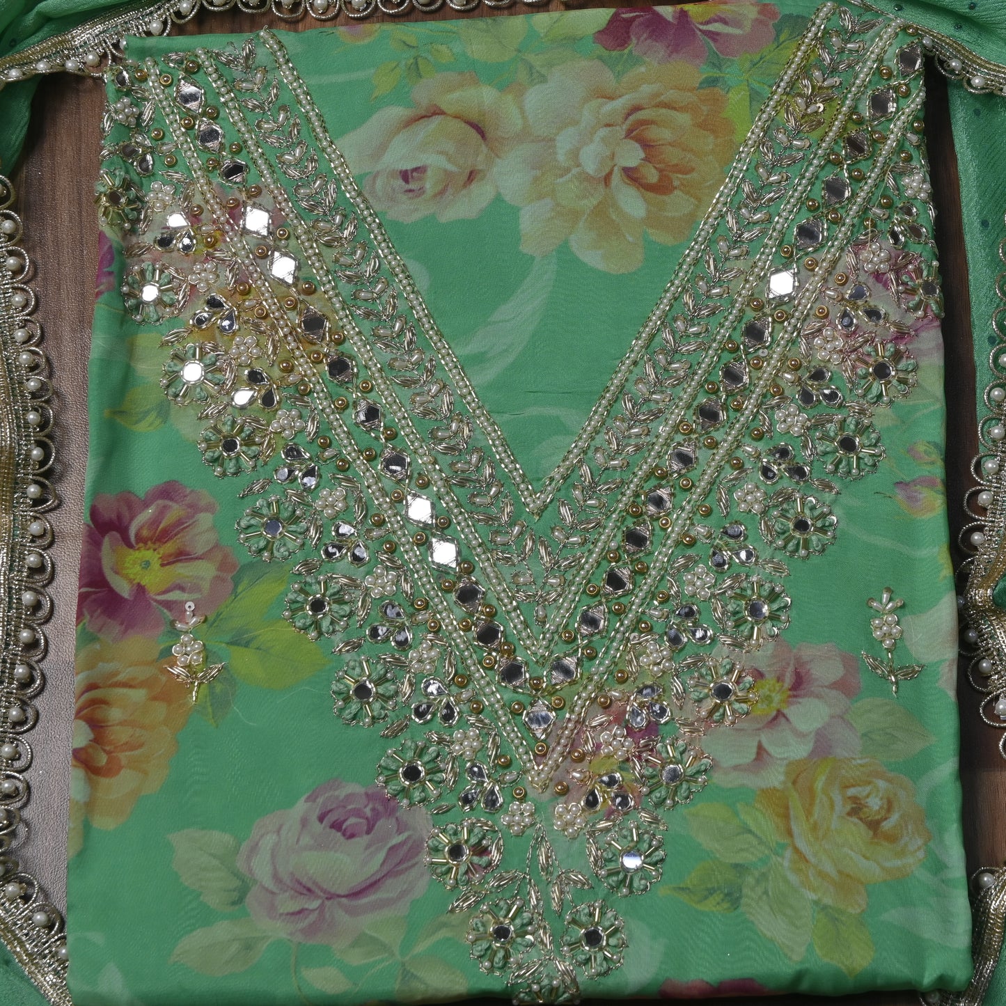 Organza Green Unstitched suit