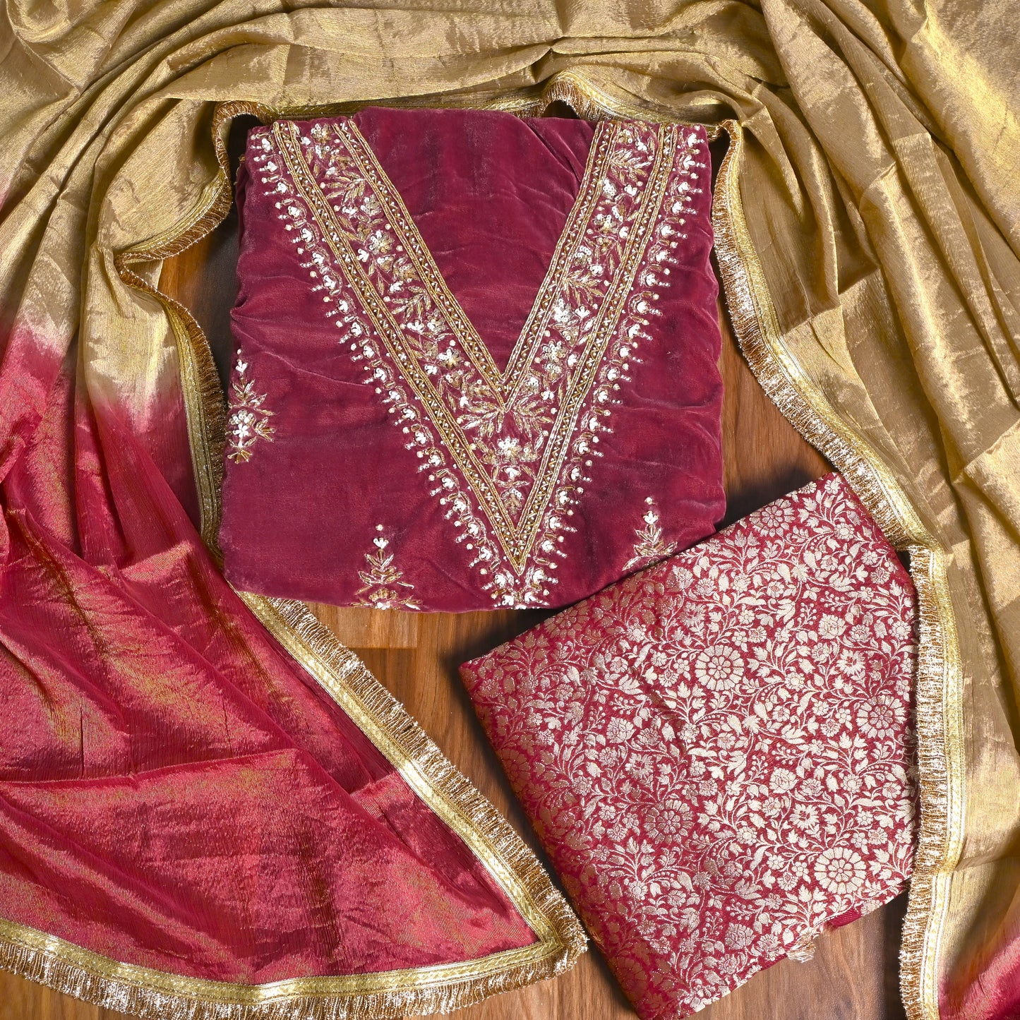 Velvet Mehroon unstitched suit