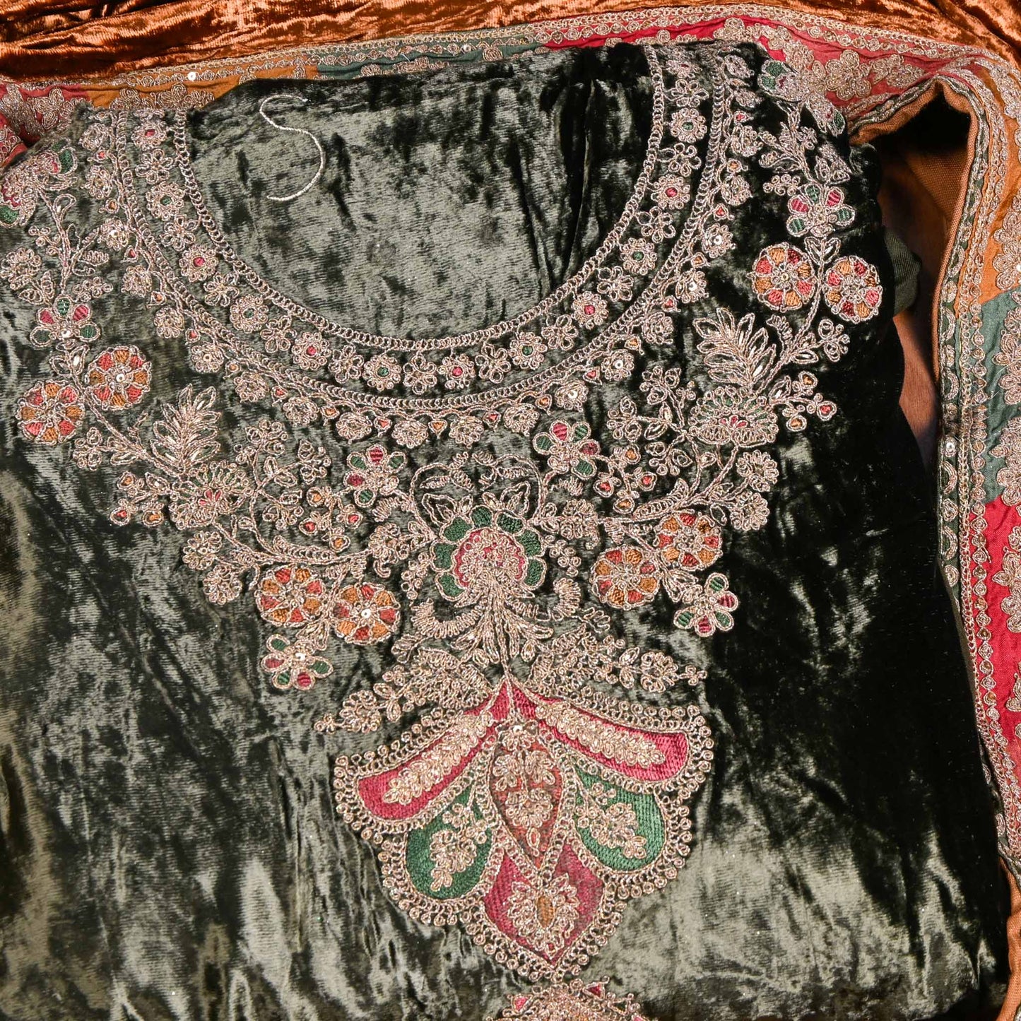 Mehendi Velvet Unstitched suit