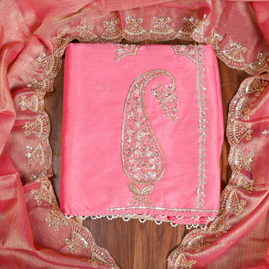 Khadi Silk baby Pink Unstitched Suit