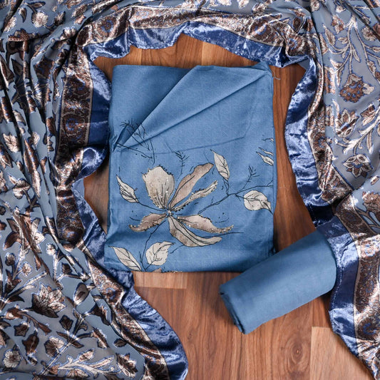 Blue pashmina suit with velvet dupatta