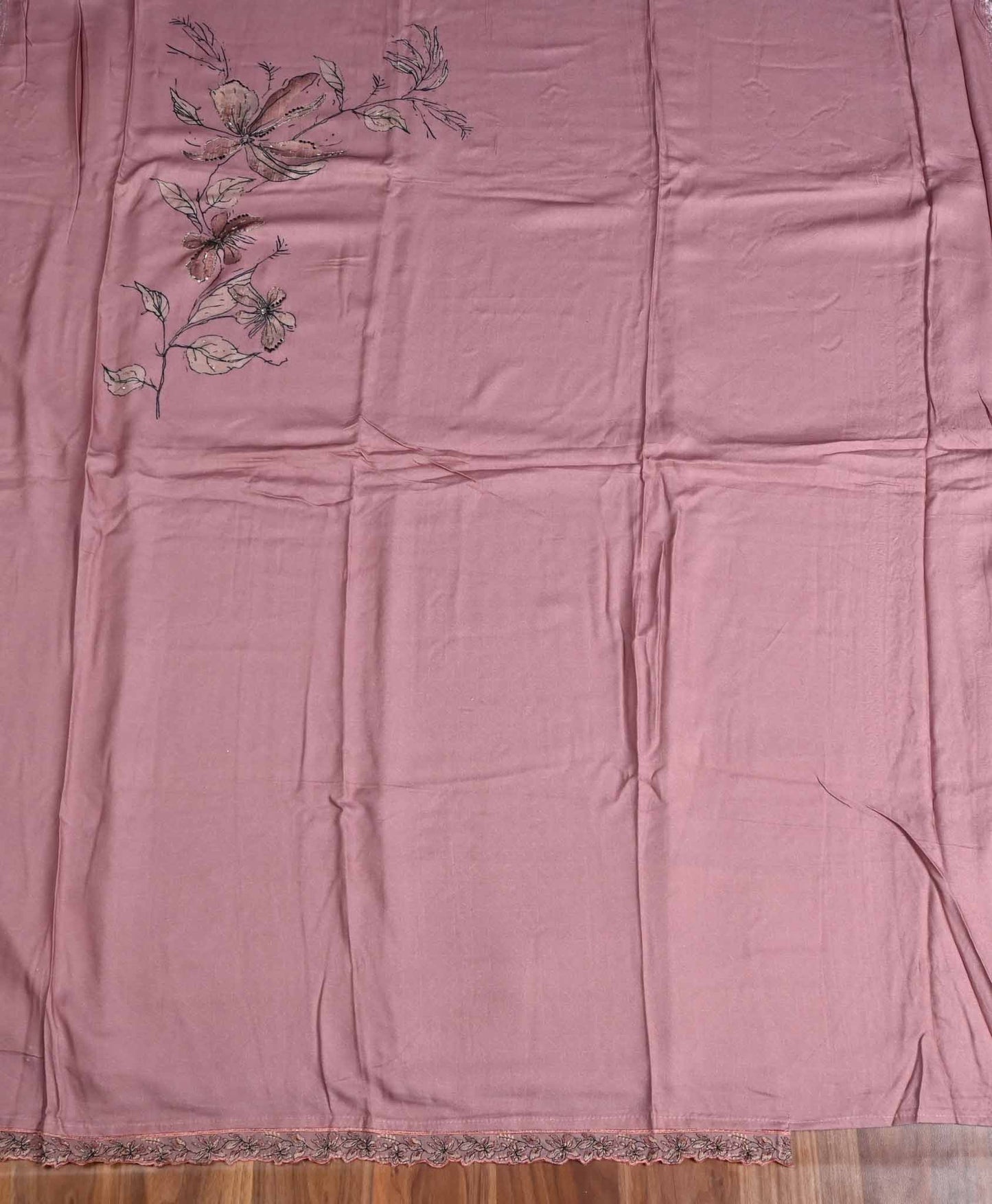 Pink pashmina suit with velvet dupatta