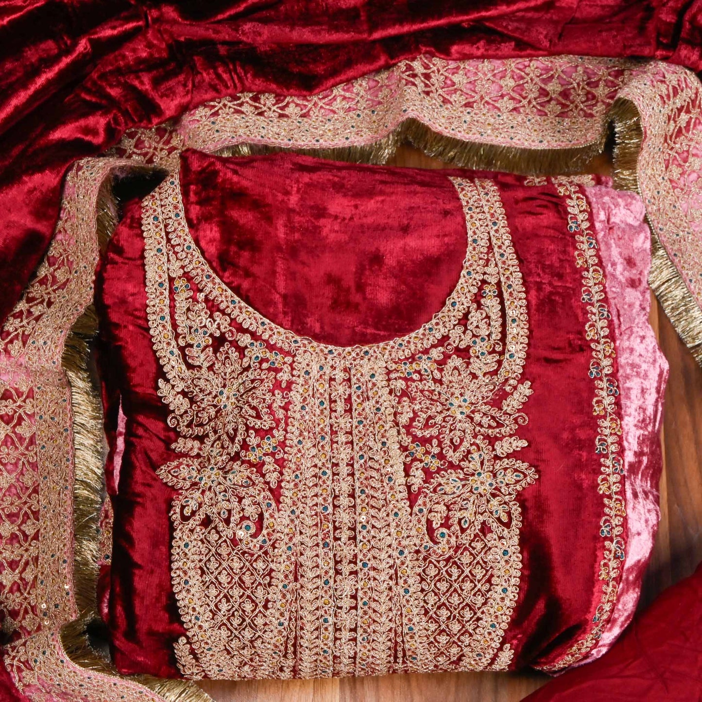 Mehroon Velvet Unstitched suit