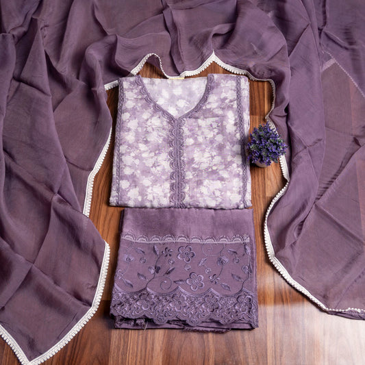 Mauve Organza Unstiched Suit