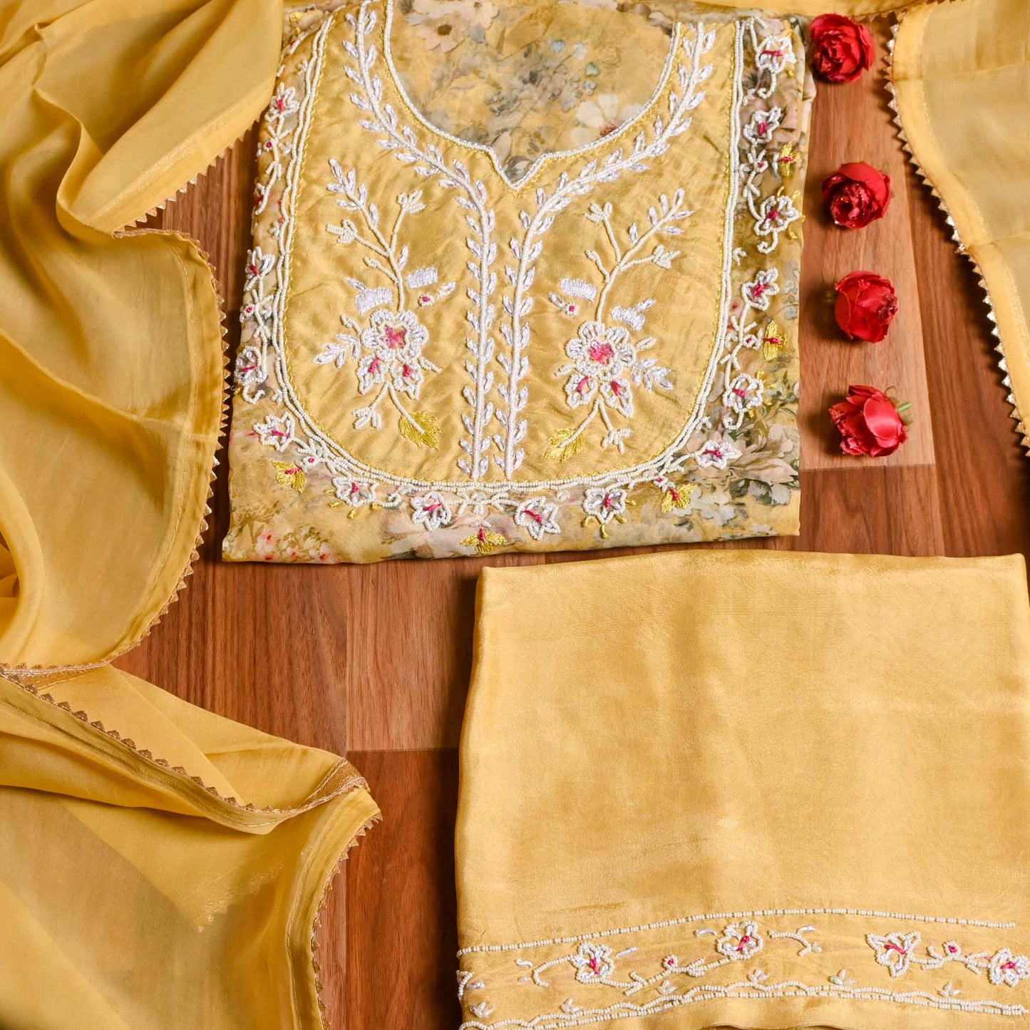 Yellow Organza unstiched Suit