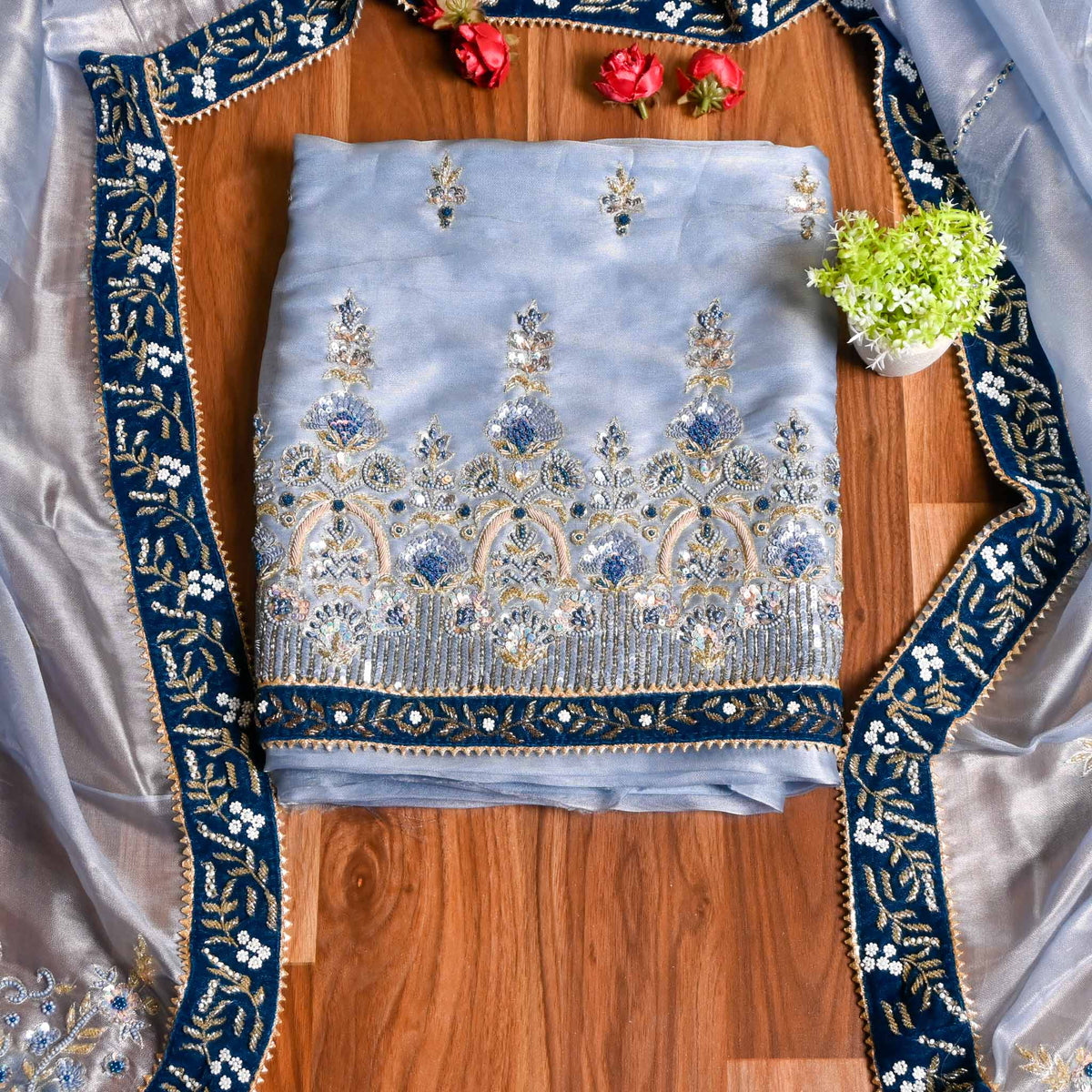 Silk Powder Blue Unstitched Suit