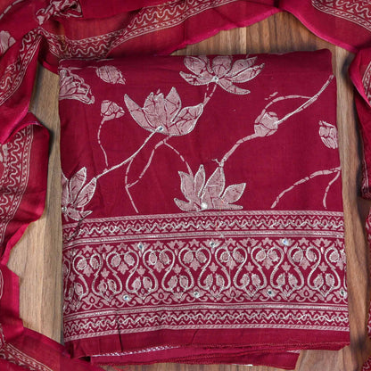 Red Pashmina Unstitched Suit