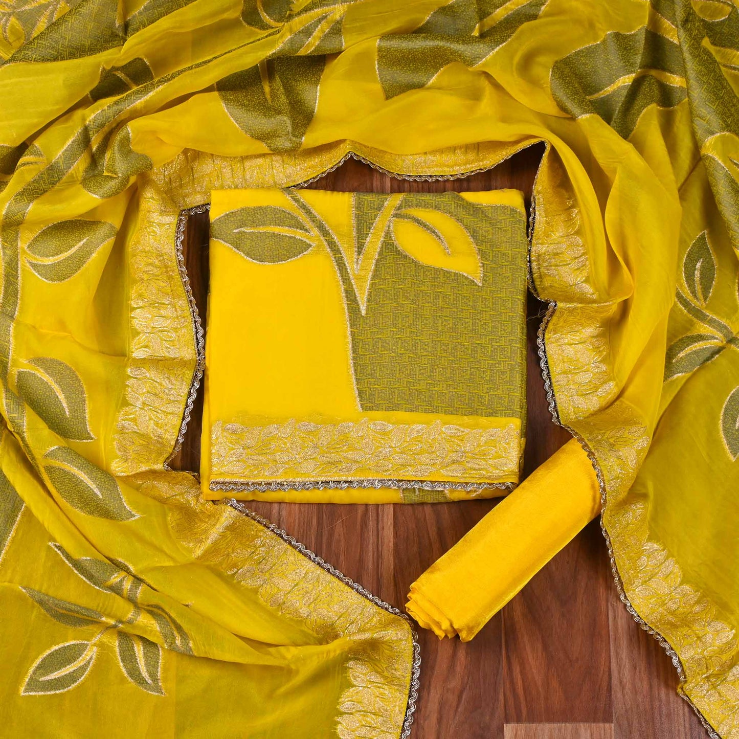 Organza yellow Unstitched Suit