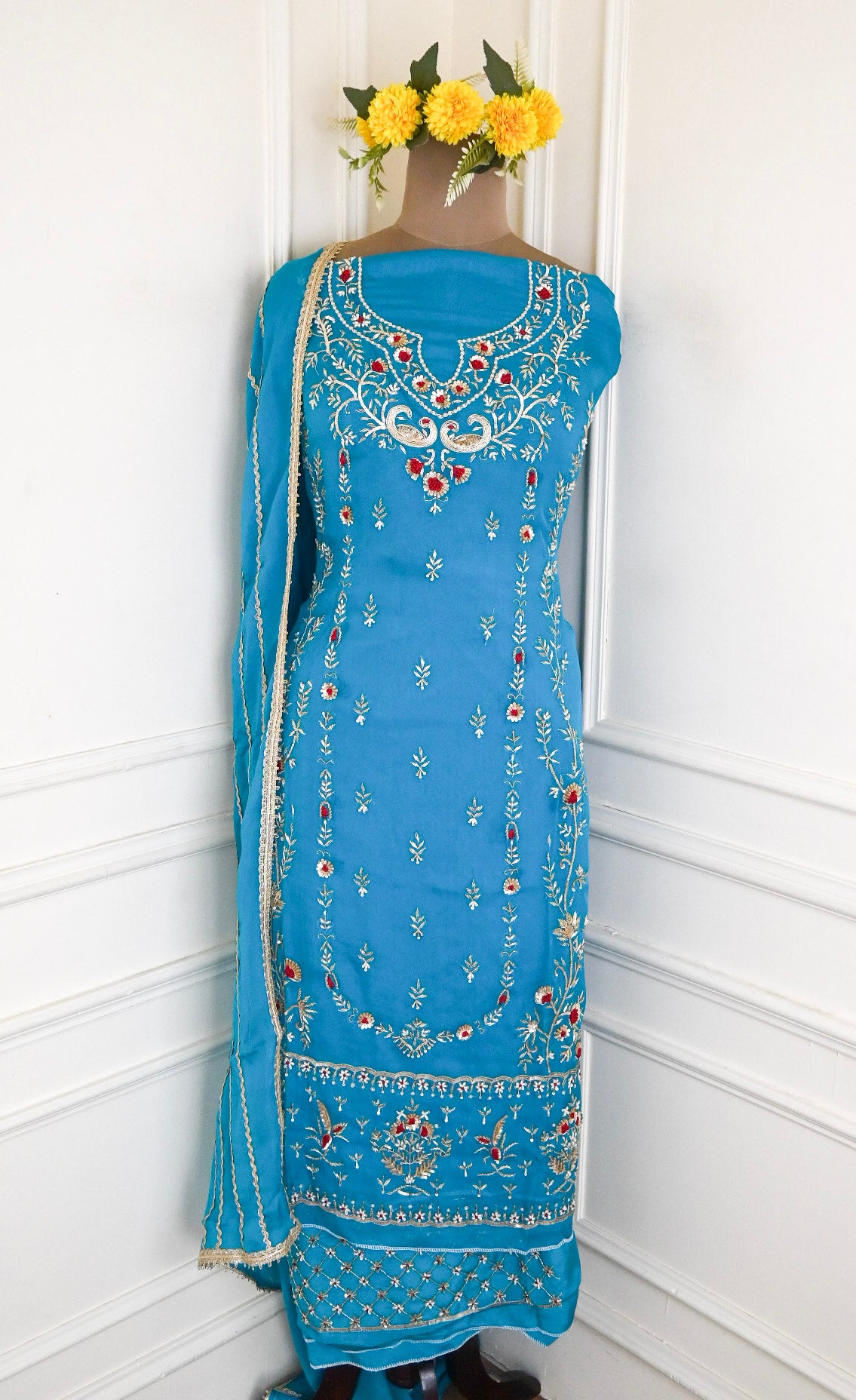 Organza Sky blue Unstitched Suit