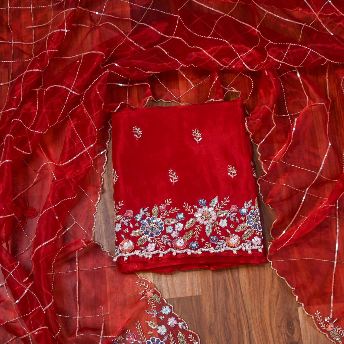 Glass Shimmer Red Maroon Unstitched Suit