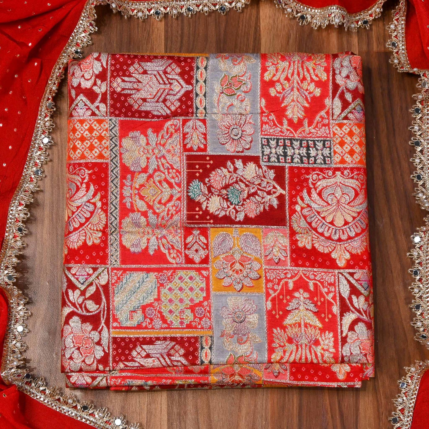 Banarasi Red Unstitched Suit