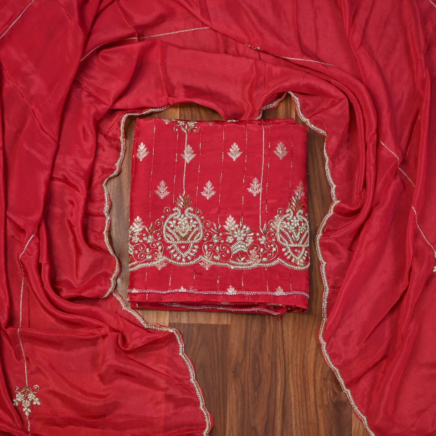 Khadi silk red Unstitched suit