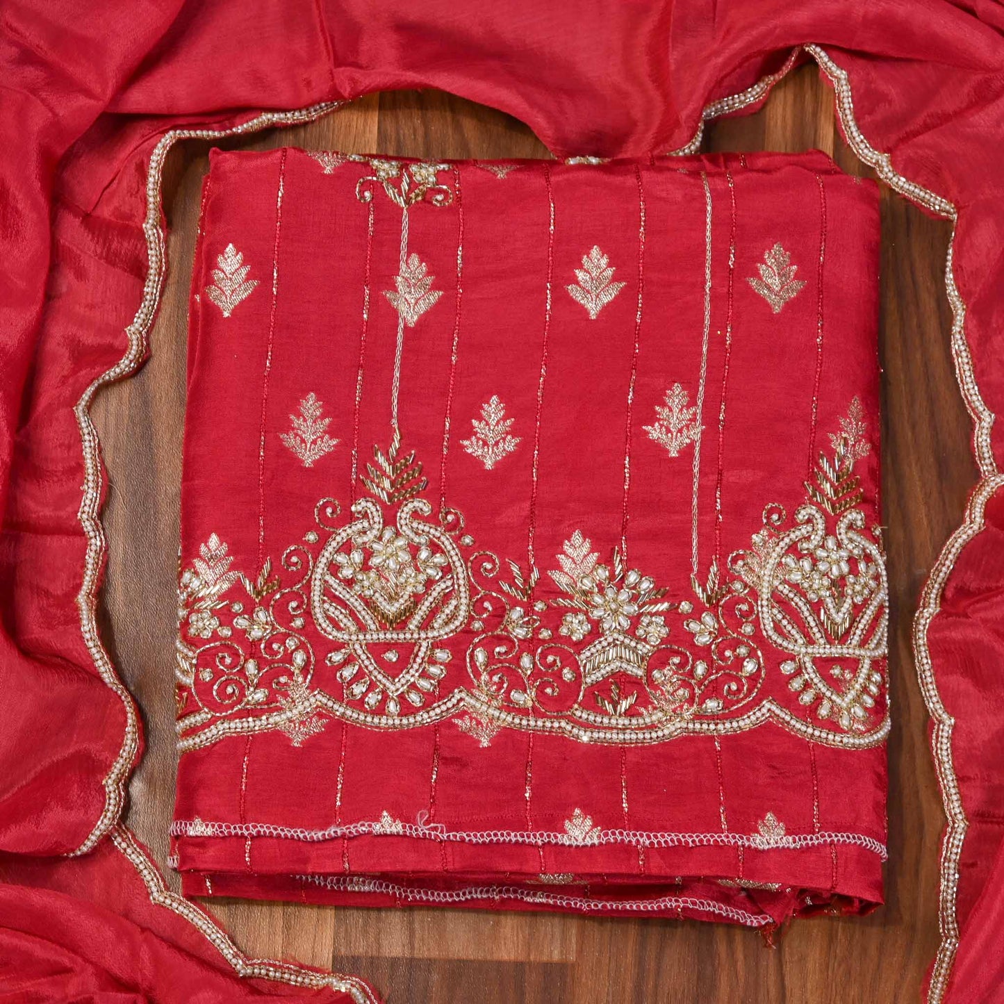 Khadi silk red Unstitched suit