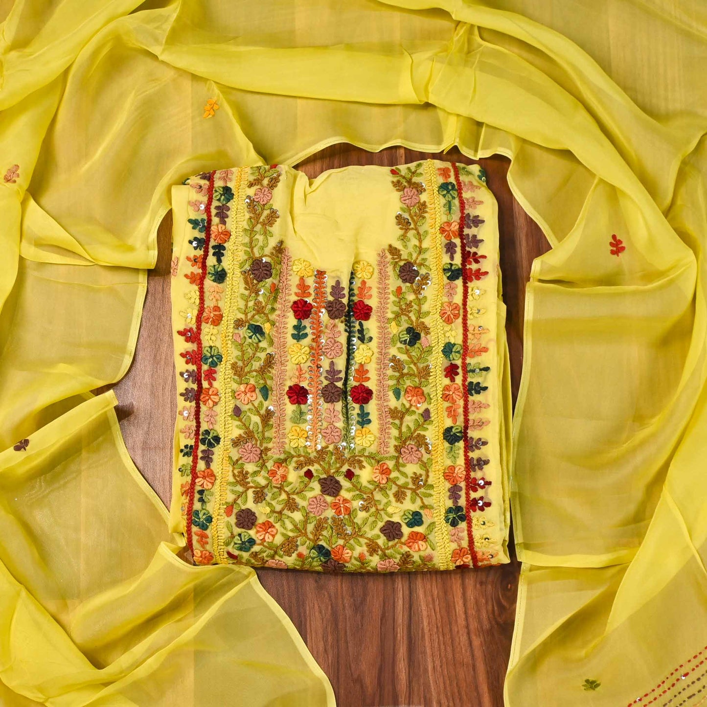 Organza yellow Unstitched Suit