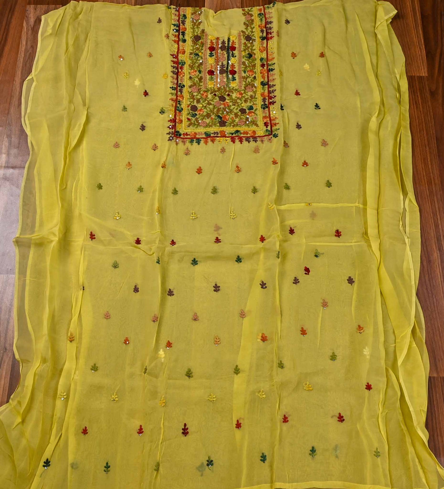 Organza yellow Unstitched Suit