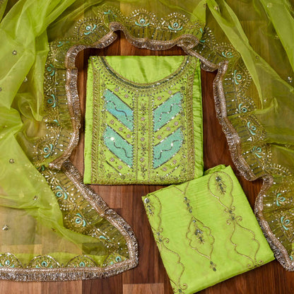 Silk Parrot Green Unstitched Suit