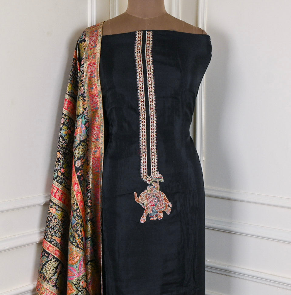 Crepe Organza Black Unstitched Suit