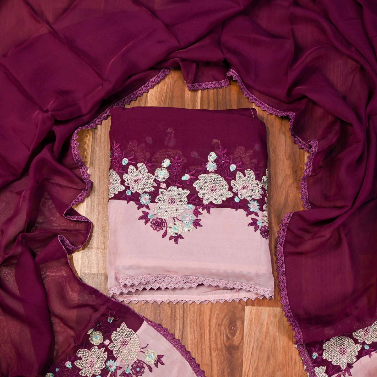 Organza Wine Unstitched Suit