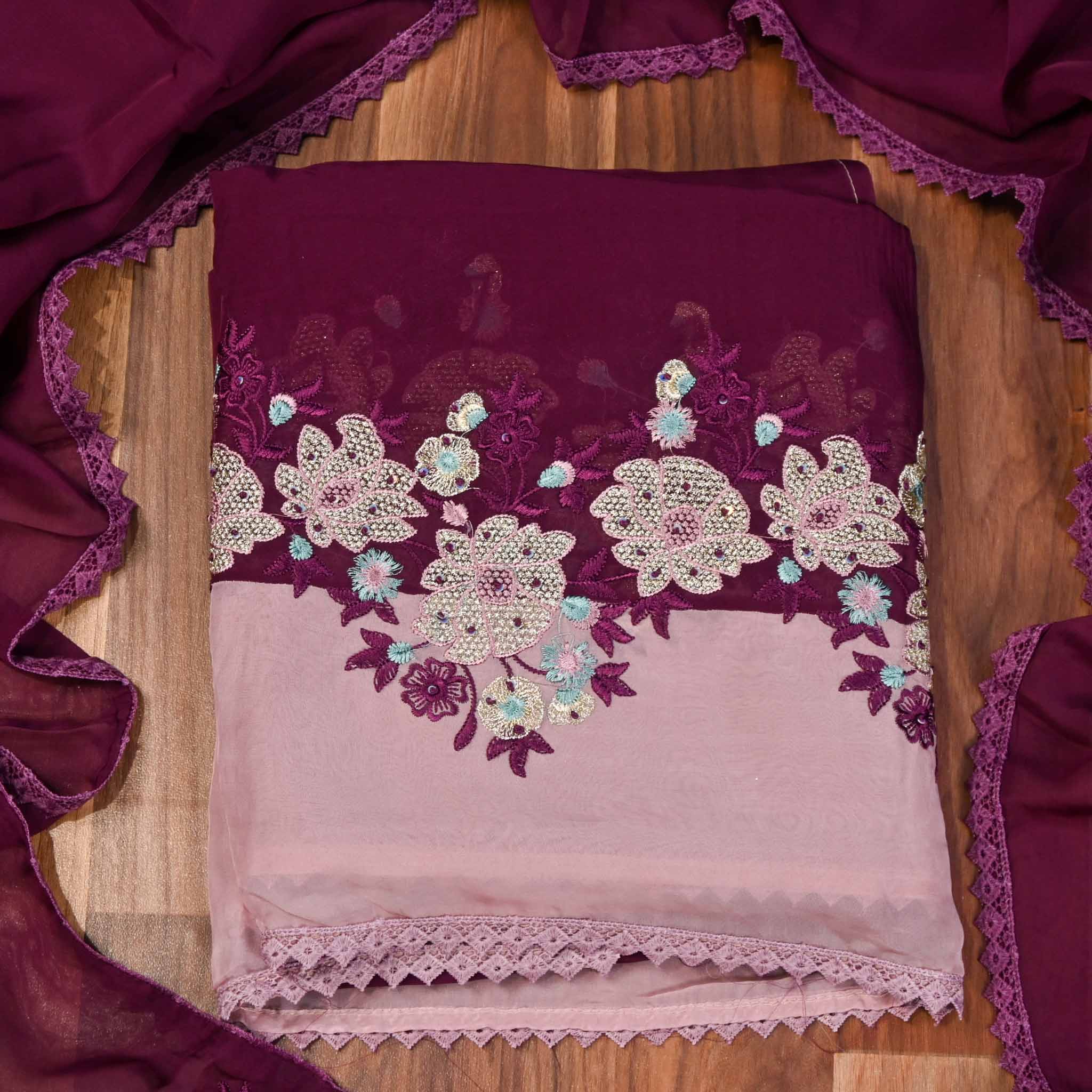 Organza Wine Unstitched Suit