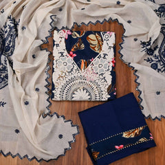 Cotton Navy Blue Unstitched Suit